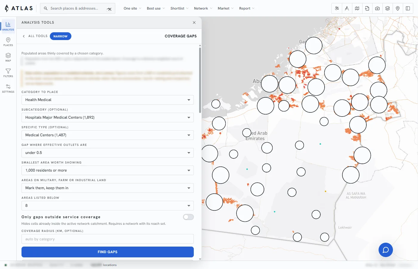 ATLAS Planning: coverage gaps for medical centres